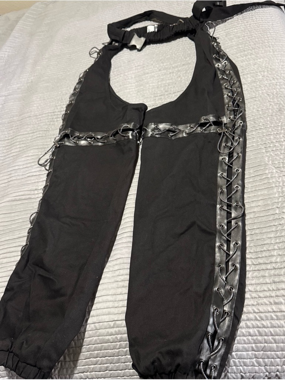 iHeartRaves Black Lace-Up I’m unorthodox cross stitched chaps